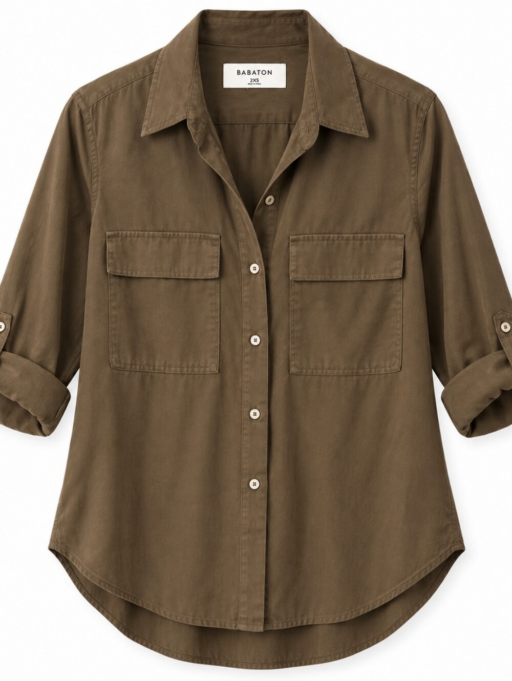 New! Babaton 2XS Utility Button Up Shirt Brown Olive Roll Tab Blouse